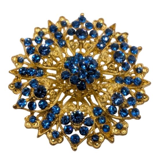 Gold Tone Blue Rhinestone Filigree Large Brooch - Picture 1 of 4